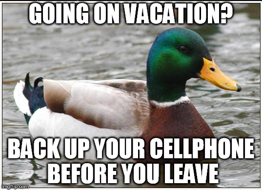 Actual Advice Mallard | GOING ON VACATION? BACK UP YOUR CELLPHONE BEFORE YOU LEAVE | image tagged in memes,actual advice mallard,AdviceAnimals | made w/ Imgflip meme maker