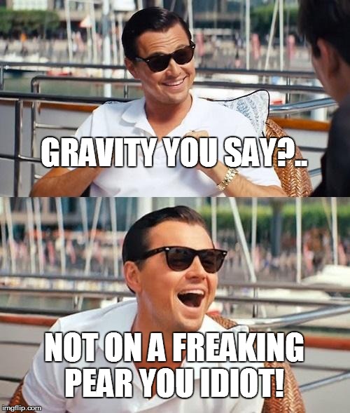 Leonardo Dicaprio Wolf Of Wall Street Meme | GRAVITY YOU SAY?.. NOT ON A FREAKING PEAR YOU IDIOT! | image tagged in memes,leonardo dicaprio wolf of wall street | made w/ Imgflip meme maker