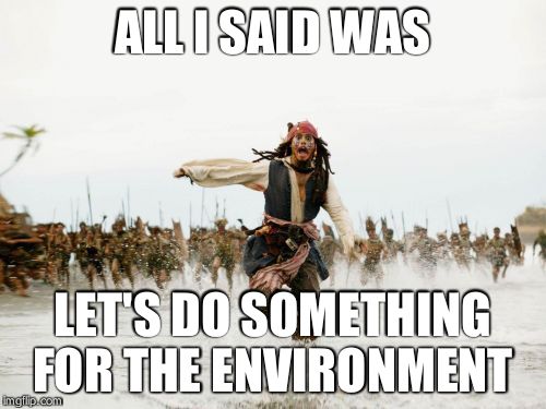 Jack Sparrow Being Chased Meme | ALL I SAID WAS LET'S DO SOMETHING FOR THE ENVIRONMENT | image tagged in memes,jack sparrow being chased | made w/ Imgflip meme maker
