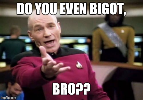 Picard Wtf Meme | DO YOU EVEN BIGOT, BRO?? | image tagged in memes,picard wtf | made w/ Imgflip meme maker