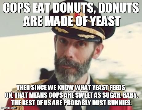 COPS EAT DONUTS, DONUTS ARE MADE OF YEAST THEN SINCE WE KNOW WHAT YEAST FEEDS ON, THAT MEANS COPS ARE SWEET AS SUGAR, BABY. THE REST OF US A | made w/ Imgflip meme maker