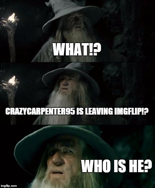 Confused Gandalf | WHAT!? CRAZYCARPENTER95 IS LEAVING IMGFLIP!? WHO IS HE? | image tagged in memes,confused gandalf | made w/ Imgflip meme maker