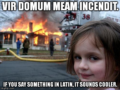 Verum est. | VIR DOMUM MEAM INCENDIT. IF YOU SAY SOMETHING IN LATIN, IT SOUNDS COOLER. | image tagged in memes,disaster girl | made w/ Imgflip meme maker