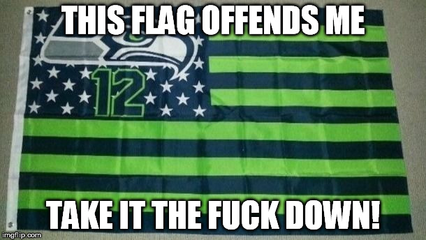 seahawks flag offends me | THIS FLAG OFFENDS ME TAKE IT THE F**K DOWN! | image tagged in seahawks,seattle seahawks,flag,offensive | made w/ Imgflip meme maker