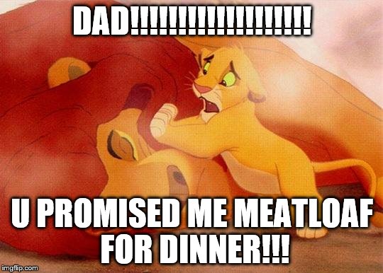 Lion king | DAD!!!!!!!!!!!!!!!!!!! U PROMISED ME MEATLOAF FOR DINNER!!! | image tagged in lion king | made w/ Imgflip meme maker