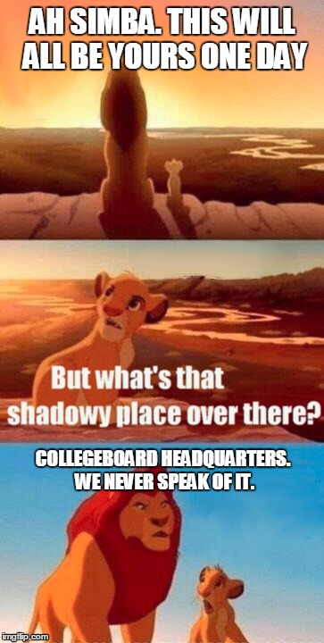 Even Mufasa knows | AH SIMBA. THIS WILL ALL BE YOURS ONE DAY COLLEGEBOARD HEADQUARTERS. WE NEVER SPEAK OF IT. | image tagged in memes,simba shadowy place | made w/ Imgflip meme maker