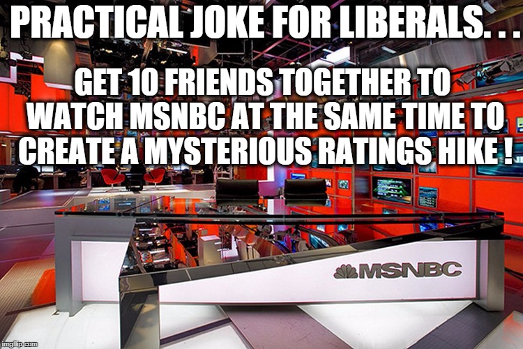 msnbc | PRACTICAL JOKE FOR LIBERALS. . . GET 10 FRIENDS TOGETHER TO WATCH MSNBC AT THE SAME TIME TO CREATE A MYSTERIOUS RATINGS HIKE ! | image tagged in msnbc | made w/ Imgflip meme maker