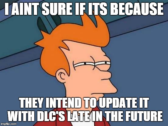Futurama Fry Meme | I AINT SURE IF ITS BECAUSE THEY INTEND TO UPDATE IT WITH DLC'S LATE IN THE FUTURE | image tagged in memes,futurama fry | made w/ Imgflip meme maker