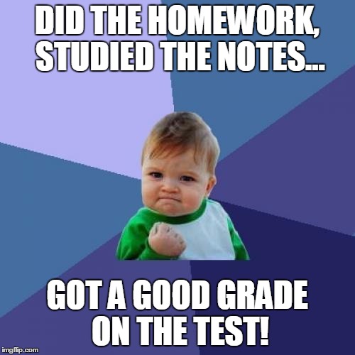 Success Kid | DID THE HOMEWORK, STUDIED THE NOTES... GOT A GOOD GRADE ON THE TEST! | image tagged in memes,success kid | made w/ Imgflip meme maker