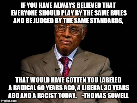 Thomas Sowell | IF YOU HAVE ALWAYS BELIEVED THAT EVERYONE SHOULD PLAY BY THE SAME RULES AND BE JUDGED BY THE SAME STANDARDS, THAT WOULD HAVE GOTTEN YOU LABE | image tagged in thomas sowell | made w/ Imgflip meme maker