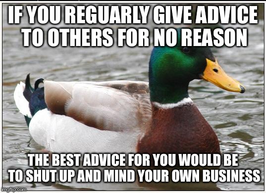 Actual Advice Mallard | IF YOU REGUARLY GIVE ADVICE TO OTHERS FOR NO REASON THE BEST ADVICE FOR YOU WOULD BE TO SHUT UP AND MIND YOUR OWN BUSINESS | image tagged in memes,actual advice mallard | made w/ Imgflip meme maker