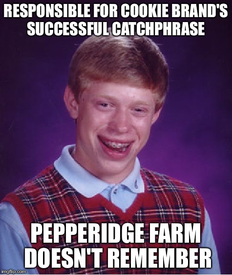 Bad Luck Brian | RESPONSIBLE FOR COOKIE BRAND'S SUCCESSFUL CATCHPHRASE PEPPERIDGE FARM DOESN'T REMEMBER | image tagged in memes,bad luck brian | made w/ Imgflip meme maker