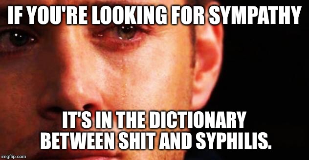 Sympathy | IF YOU'RE LOOKING FOR SYMPATHY IT'S IN THE DICTIONARY BETWEEN SHIT AND SYPHILIS. | image tagged in sympathy | made w/ Imgflip meme maker