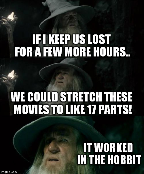 Confused Gandalf | IF I KEEP US LOST FOR A FEW MORE HOURS.. WE COULD STRETCH THESE MOVIES TO LIKE 17 PARTS! IT WORKED IN THE HOBBIT | image tagged in memes,confused gandalf | made w/ Imgflip meme maker