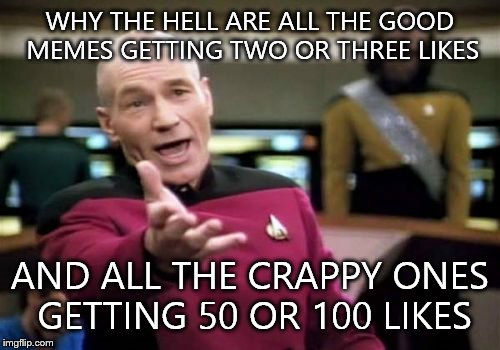 I bet this meme is only gonna get 2 or 3 likes | WHY THE HELL ARE ALL THE GOOD MEMES GETTING TWO OR THREE LIKES AND ALL THE CRAPPY ONES GETTING 50 OR 100 LIKES | image tagged in memes,picard wtf | made w/ Imgflip meme maker