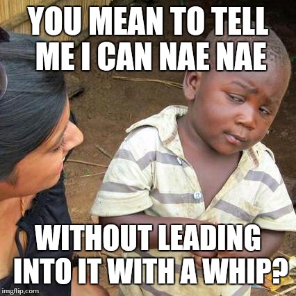Third World Skeptical Kid Meme | YOU MEAN TO TELL ME I CAN NAE NAE WITHOUT LEADING INTO IT WITH A WHIP? | image tagged in memes,third world skeptical kid | made w/ Imgflip meme maker