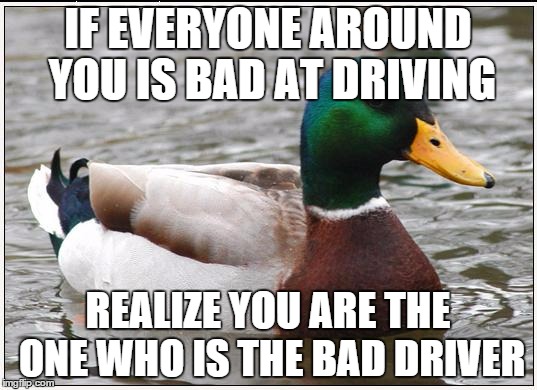 Actual Advice Mallard | IF EVERYONE AROUND YOU IS BAD AT DRIVING REALIZE YOU ARE THE ONE WHO IS THE BAD DRIVER | image tagged in memes,actual advice mallard | made w/ Imgflip meme maker