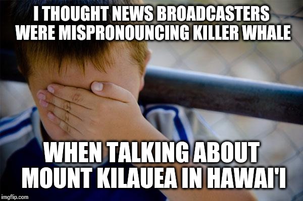 Confession Kid | I THOUGHT NEWS BROADCASTERS WERE MISPRONOUNCING KILLER WHALE WHEN TALKING ABOUT MOUNT KILAUEA IN HAWAI'I | image tagged in memes,confession kid | made w/ Imgflip meme maker