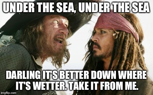 Barbosa And Sparrow Meme | UNDER THE SEA, UNDER THE SEA DARLING IT'S BETTER DOWN WHERE IT'S WETTER. TAKE IT FROM ME. | image tagged in memes,barbosa and sparrow | made w/ Imgflip meme maker