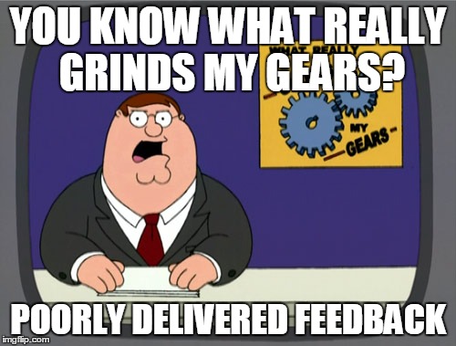 Peter Griffin News | YOU KNOW WHAT REALLY GRINDS MY GEARS? POORLY DELIVERED FEEDBACK | image tagged in memes,peter griffin news | made w/ Imgflip meme maker