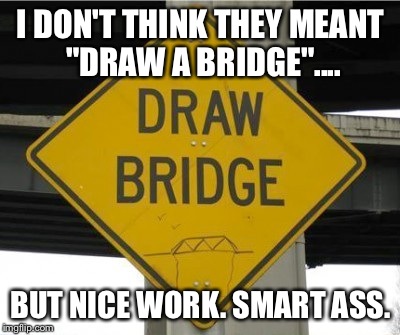 There's ALWAYS Gonna Be One! | I DON'T THINK THEY MEANT "DRAW A BRIDGE".... BUT NICE WORK. SMART ASS. | image tagged in funny sign,graffitti,signs/billboards,stupid | made w/ Imgflip meme maker