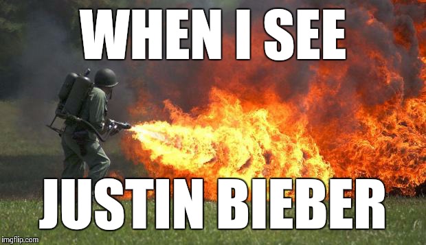 Kill It With Fire! | WHEN I SEE JUSTIN BIEBER | image tagged in flamethrower,memes | made w/ Imgflip meme maker