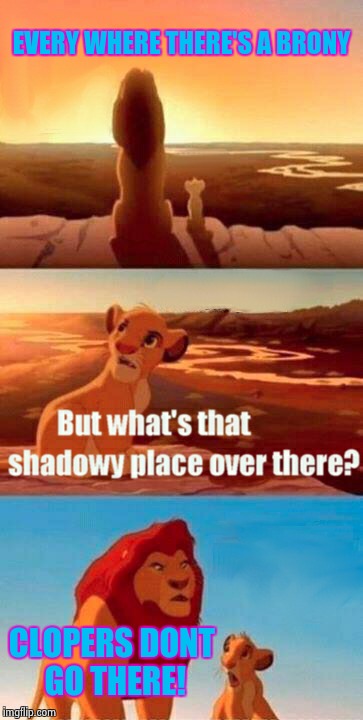 Simba Shadowy Place | EVERY WHERE THERE'S A BRONY CLOPERS DONT GO THERE! | image tagged in memes,simba shadowy place | made w/ Imgflip meme maker