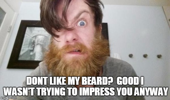 Don't like my beard? | DONT LIKE MY BEARD?  GOOD I WASN'T TRYING TO IMPRESS YOU ANYWAY | image tagged in beard,impress,lumbersexual | made w/ Imgflip meme maker