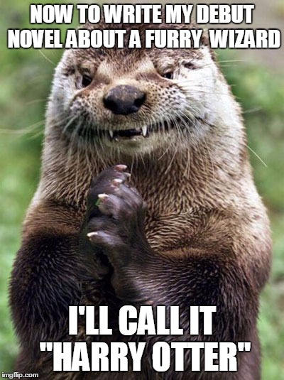 Evil Otter | NOW TO WRITE MY DEBUT NOVEL ABOUT A FURRY  WIZARD I'LL CALL IT "HARRY OTTER" | image tagged in memes,evil otter | made w/ Imgflip meme maker