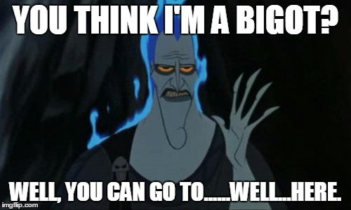 Hercules Hades Meme | YOU THINK I'M A BIGOT? WELL, YOU CAN GO TO......WELL...HERE. | image tagged in memes,hercules hades | made w/ Imgflip meme maker
