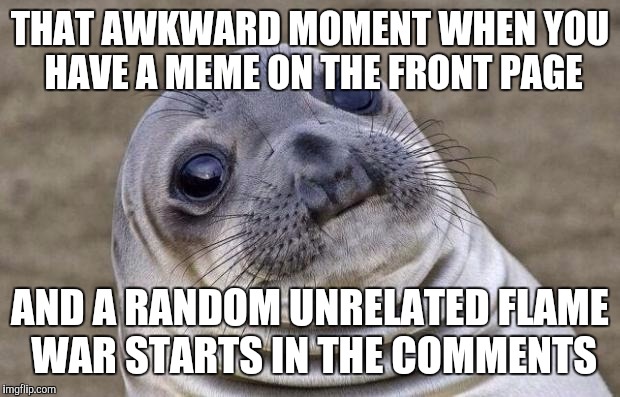 Should you join or ignore? | THAT AWKWARD MOMENT WHEN YOU HAVE A MEME ON THE FRONT PAGE AND A RANDOM UNRELATED FLAME WAR STARTS IN THE COMMENTS | image tagged in memes,awkward moment sealion | made w/ Imgflip meme maker