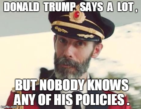 Captain Obvious | DONALD  TRUMP  SAYS  A  LOT , BUT NOBODY KNOWS ANY OF HIS POLICIES . | image tagged in captain obvious,memes,donald trump,election 2016,politics,political | made w/ Imgflip meme maker