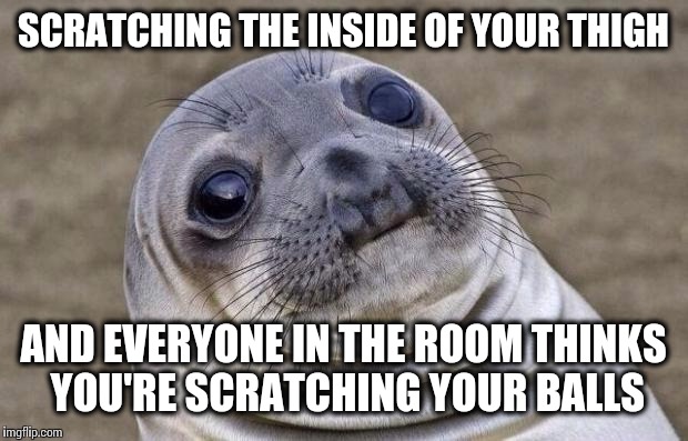 Every single time... | SCRATCHING THE INSIDE OF YOUR THIGH AND EVERYONE IN THE ROOM THINKS YOU'RE SCRATCHING YOUR BALLS | image tagged in memes,awkward moment sealion | made w/ Imgflip meme maker