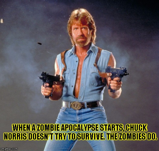 Chuck Norris Guns Meme | WHEN A ZOMBIE APOCALYPSE STARTS, CHUCK NORRIS DOESN'T TRY TO SURVIVE. THE ZOMBIES DO. | image tagged in chuck norris | made w/ Imgflip meme maker