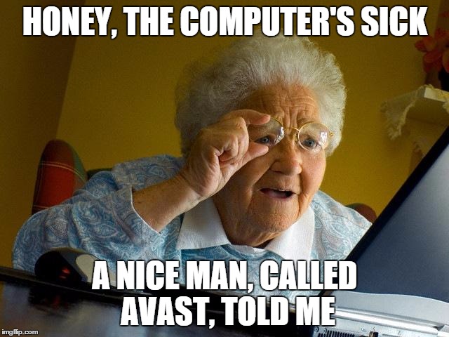 Grandma Finds The Internet | HONEY, THE COMPUTER'S SICK A NICE MAN, CALLED AVAST, TOLD ME | image tagged in memes,grandma finds the internet | made w/ Imgflip meme maker