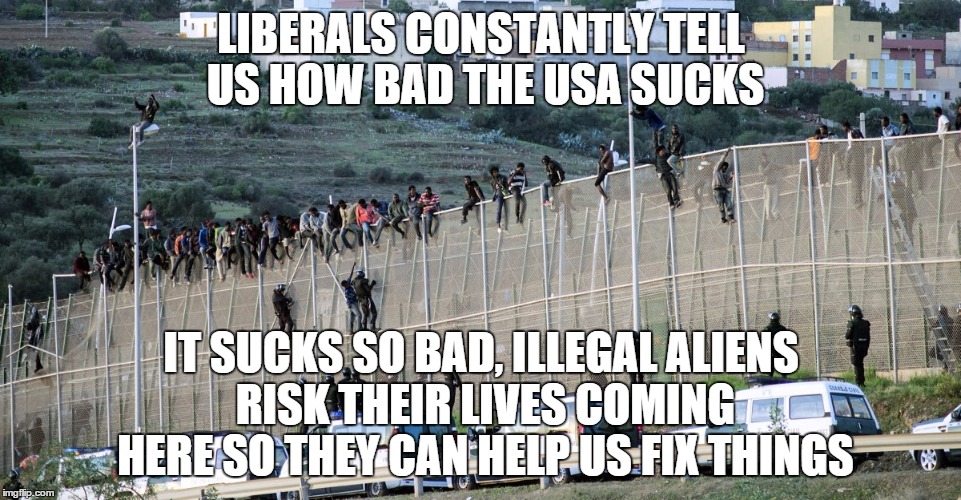 Liberal hipocrisy | LIBERALS CONSTANTLY TELL US HOW BAD THE USA SUCKS IT SUCKS SO BAD, ILLEGAL ALIENS RISK THEIR LIVES COMING HERE SO THEY CAN HELP US FIX THING | image tagged in memes | made w/ Imgflip meme maker