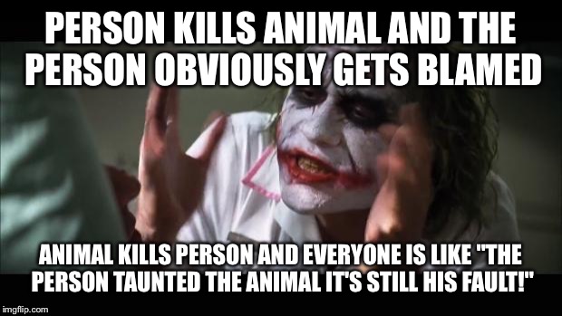 And everybody loses their minds | PERSON KILLS ANIMAL AND THE PERSON OBVIOUSLY GETS BLAMED ANIMAL KILLS PERSON AND EVERYONE IS LIKE "THE PERSON TAUNTED THE ANIMAL IT'S STILL  | image tagged in memes,and everybody loses their minds | made w/ Imgflip meme maker