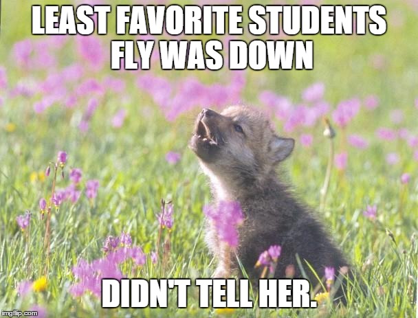 Baby Insanity Wolf Meme | LEAST FAVORITE STUDENTS FLY WAS DOWN DIDN'T TELL HER. | image tagged in memes,baby insanity wolf | made w/ Imgflip meme maker