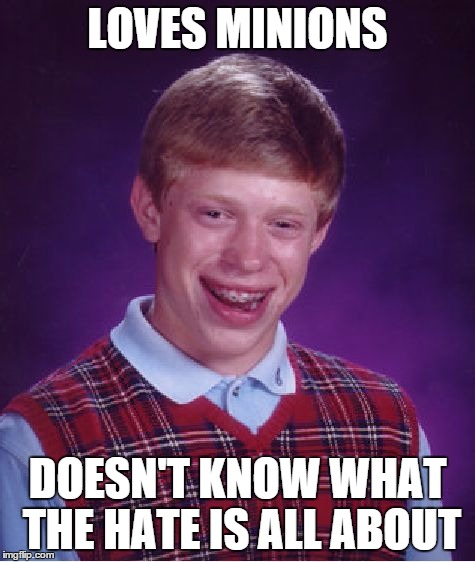 i really don't know | LOVES MINIONS DOESN'T KNOW WHAT THE HATE IS ALL ABOUT | image tagged in memes,bad luck brian,minions,hate,don't know,omg | made w/ Imgflip meme maker