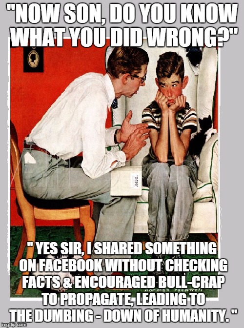 Facebook propaganda | "NOW SON, DO YOU KNOW WHAT YOU DID WRONG?" " YES SIR, I SHARED SOMETHING ON FACEBOOK WITHOUT CHECKING FACTS & ENCOURAGED BULL-CRAP TO PROPAG | image tagged in memes | made w/ Imgflip meme maker