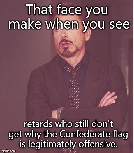 Face You Make Robert Downey Jr | That face you make when you see retards who still don't get why the Confederate flag is legitimately offensive. | image tagged in memes,face you make robert downey jr | made w/ Imgflip meme maker