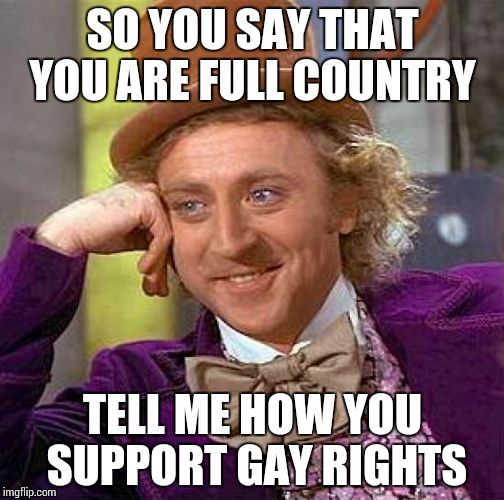 Creepy Condescending Wonka | SO YOU SAY THAT YOU ARE FULL COUNTRY TELL ME HOW YOU SUPPORT GAY RIGHTS | image tagged in memes,creepy condescending wonka | made w/ Imgflip meme maker