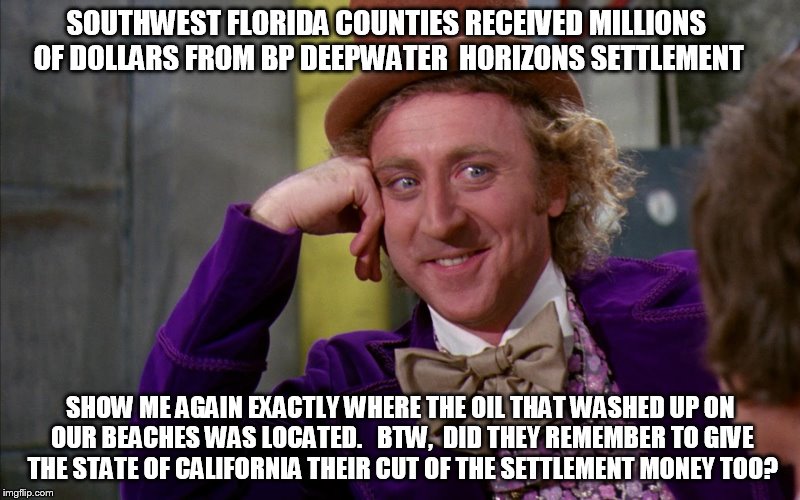 SOUTHWEST FLORIDA COUNTIES RECEIVED MILLIONS OF DOLLARS FROM BP DEEPWATER  HORIZONS SETTLEMENT SHOW ME AGAIN EXACTLY WHERE THE OIL THAT WASH | image tagged in lee county bs | made w/ Imgflip meme maker