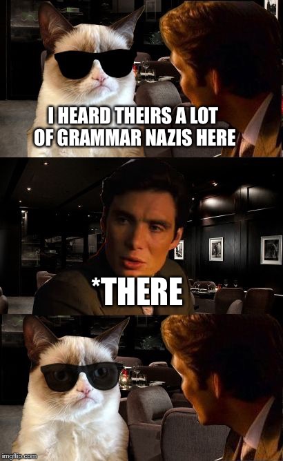 Grumpy walks into the wrong bar | I HEARD THEIRS A LOT OF GRAMMAR NAZIS HERE *THERE | image tagged in memes,inception | made w/ Imgflip meme maker
