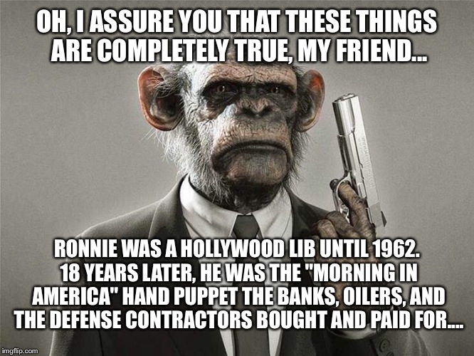 OH, I ASSURE YOU THAT THESE THINGS ARE COMPLETELY TRUE, MY FRIEND... RONNIE WAS A HOLLYWOOD LIB UNTIL 1962. 18 YEARS LATER, HE WAS THE "MORN | made w/ Imgflip meme maker