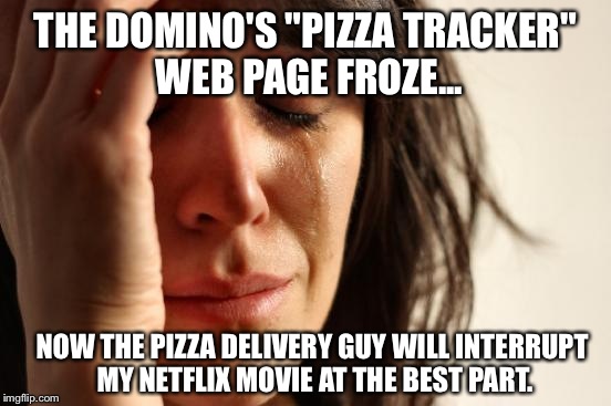 Ok..Can't Lie; This HAS Been Me | THE DOMINO'S "PIZZA TRACKER" WEB PAGE FROZE... NOW THE PIZZA DELIVERY GUY WILL INTERRUPT MY NETFLIX MOVIE AT THE BEST PART. | image tagged in memes,first world problems,pizza,netflix | made w/ Imgflip meme maker