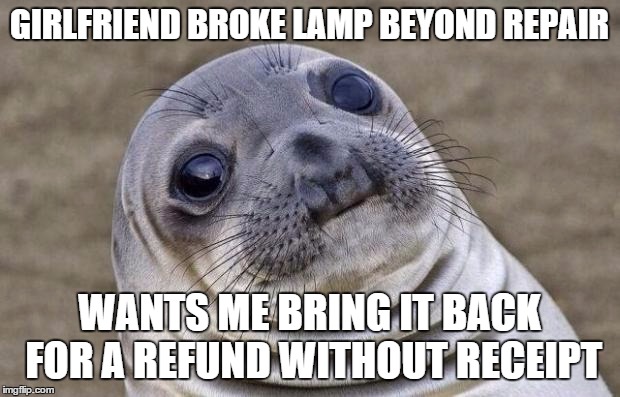 Awkward Moment Sealion | GIRLFRIEND BROKE LAMP BEYOND REPAIR WANTS ME BRING IT BACK FOR A REFUND WITHOUT RECEIPT | image tagged in memes,awkward moment sealion | made w/ Imgflip meme maker