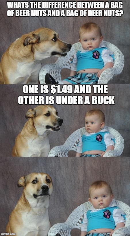 Bad joke dog | WHATS THE DIFFERENCE BETWEEN A BAG OF BEER NUTS AND A BAG OF DEER NUTS? ONE IS $1.49 AND THE OTHER IS UNDER A BUCK | image tagged in bad joke dog | made w/ Imgflip meme maker