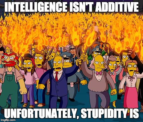 angry mob | INTELLIGENCE ISN'T ADDITIVE UNFORTUNATELY, STUPIDITY IS | image tagged in angry mob | made w/ Imgflip meme maker