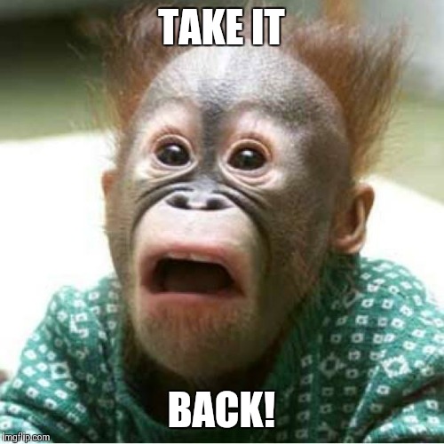 Scared monkey | TAKE IT BACK! | image tagged in scared monkey | made w/ Imgflip meme maker